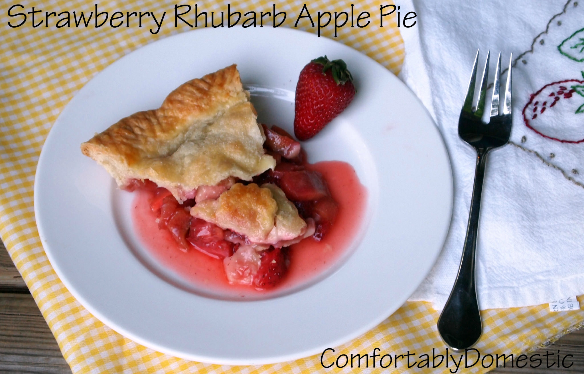 Strawberry rhubarb apple pie bakes fresh strawberries, rhubarb, and apples into a tender, buttery crust. The perfect trio of flavors for a spectacular dessert! | ComfortablyDomestic.com